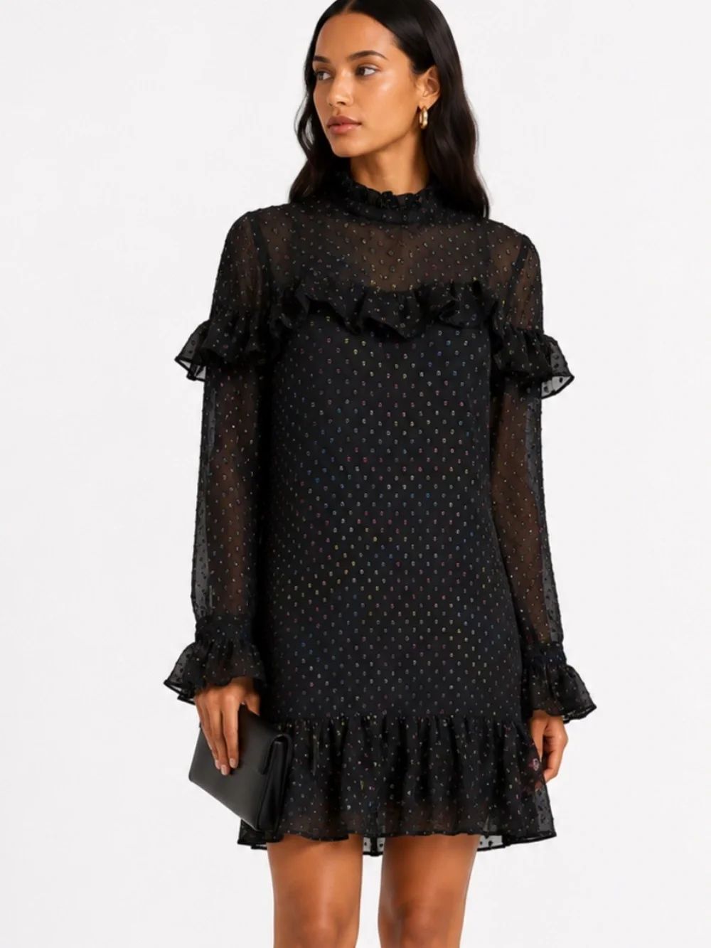 BETSEY JOHNSON Black Ruffle Long-Sleeve Shift Dress